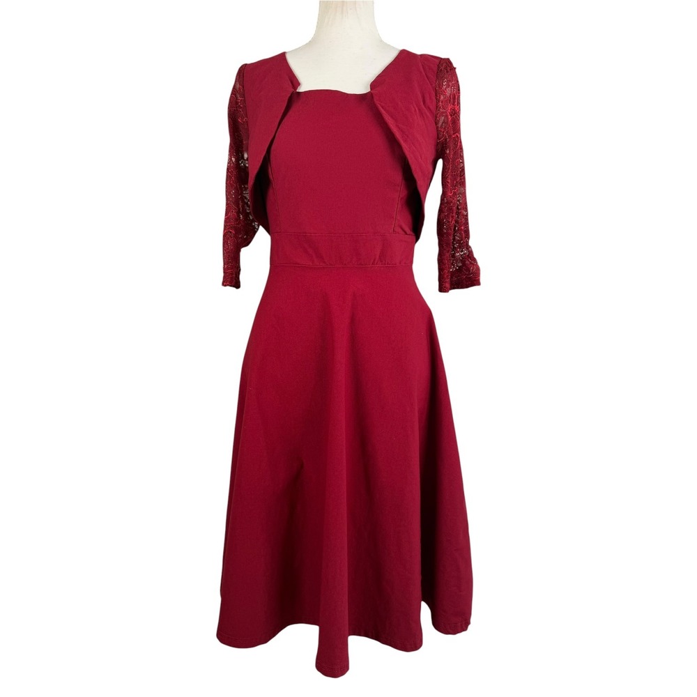 Miusol Dress Womens M Red Lace Sleeve Fit Flare Wedding Guest Cocktail A-Line